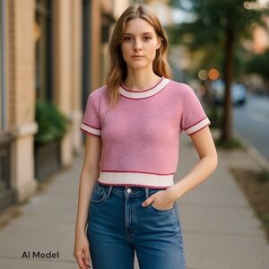 Knitmix Pink and‎ White Knit Short Sleeve Top Size S